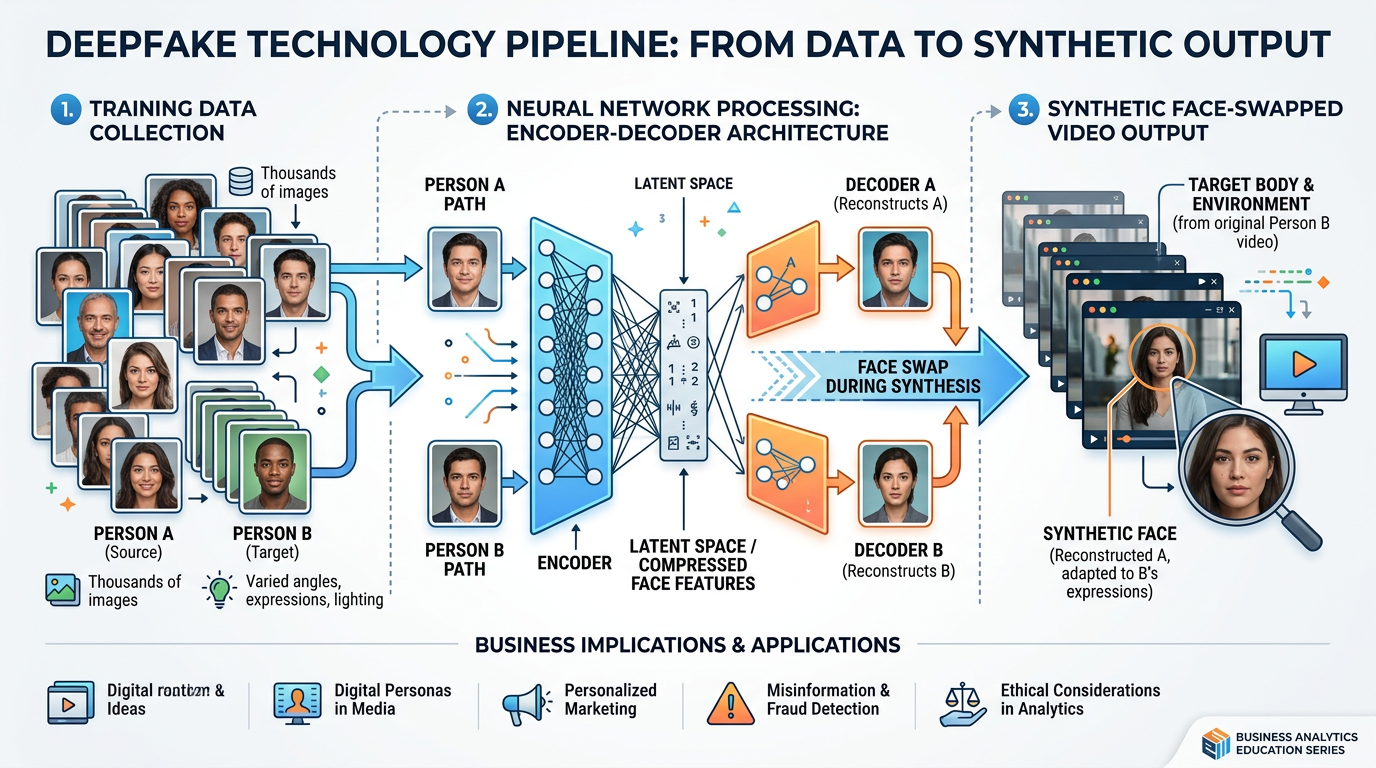 Diagram showing how deepfake technology works, from training data collection through neural network processing to synthetic media output