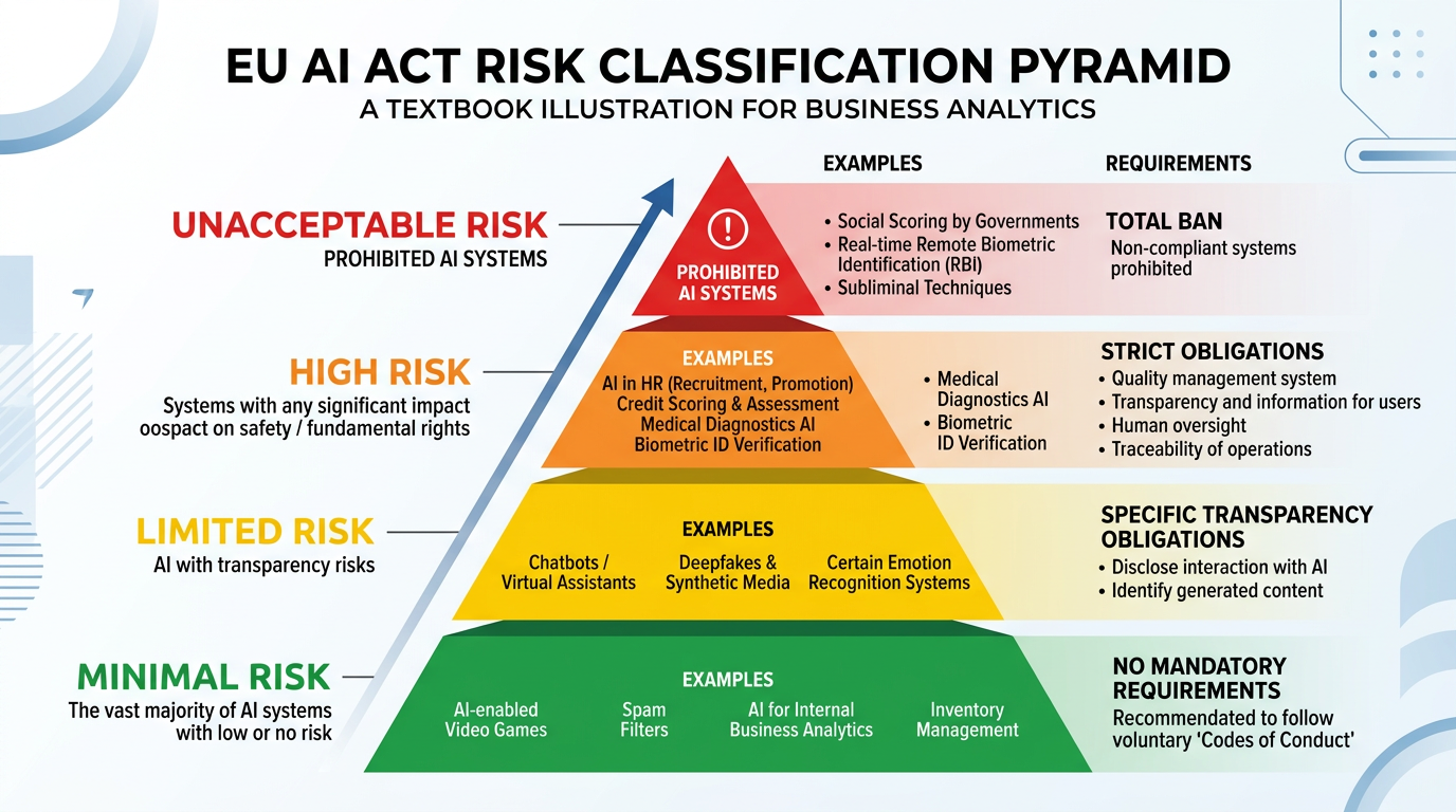 Pyramid diagram showing the EU AI Act risk classification system from unacceptable risk at the top to minimal risk at the bottom