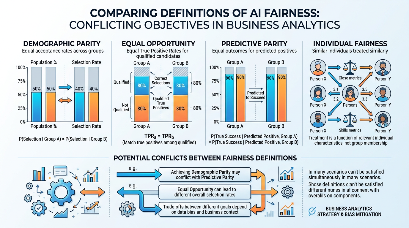 Infographic comparing four definitions of AI fairness: demographic parity, equal opportunity, predictive parity, and individual fairness with visual examples