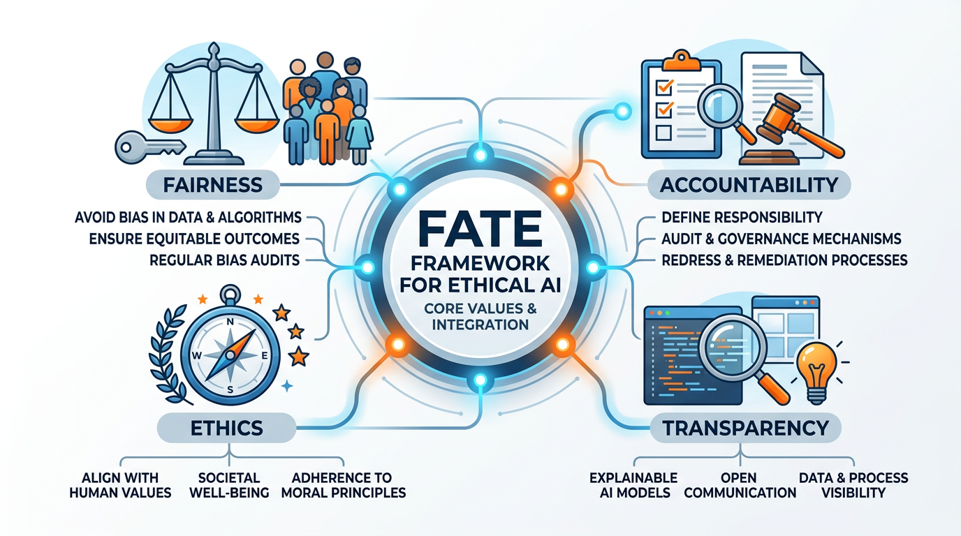 Diagram of the FATE framework showing the four pillars of ethical AI: Fairness, Accountability, Transparency, and Ethics, with practical actions under each