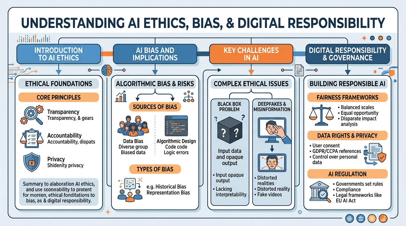 A comprehensive infographic summarizing AI ethics concepts including deepfakes, algorithmic bias, the black box problem, fairness, transparency, accountability, data rights, and AI regulation frameworks