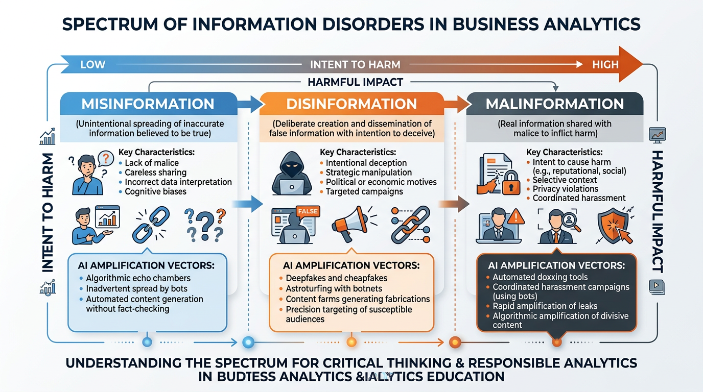 Infographic showing the spectrum of information disorders from misinformation to disinformation to malinformation, with examples and AI amplification vectors