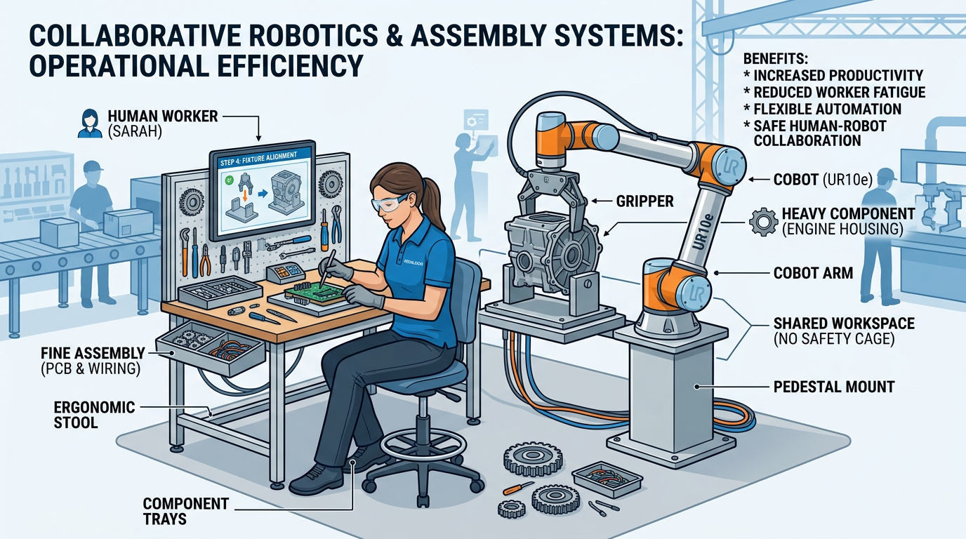 Professional illustration showing a collaborative robot working alongside a human worker at an assembly station, with the cobot handling heavy lifting while the human performs fine assembly