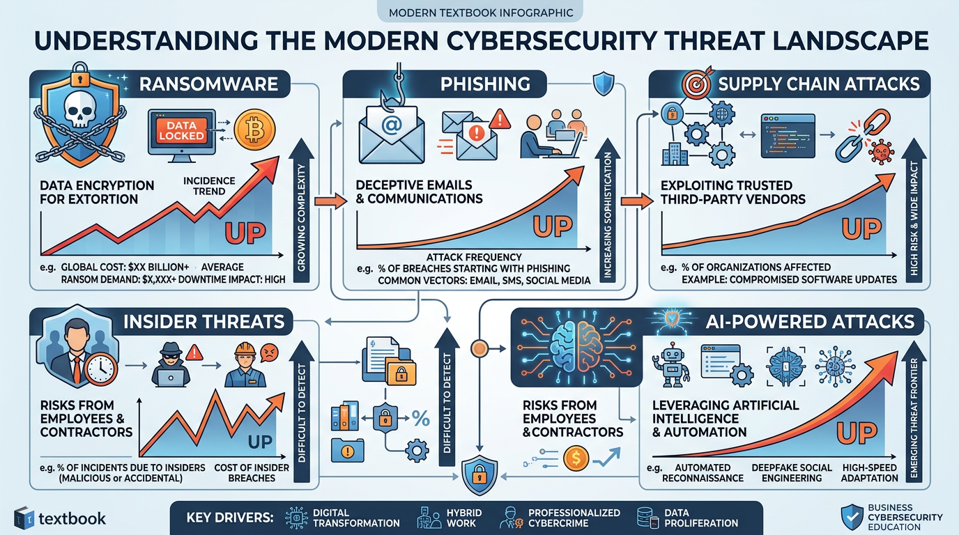 Professional infographic showing the modern cybersecurity threat landscape including ransomware, phishing, supply chain attacks, insider threats, and AI-powered attacks with statistics
