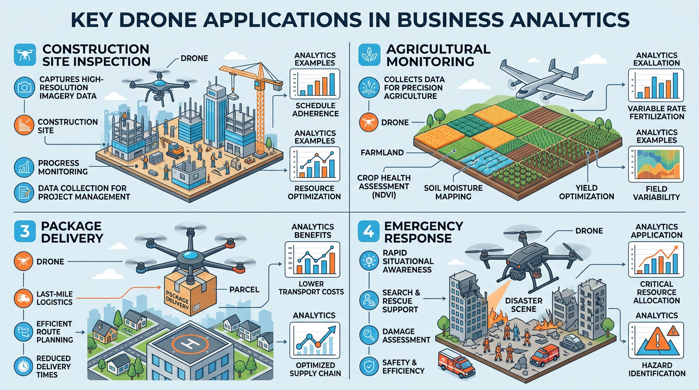 Professional illustration showing four drone application areas - construction inspection, agricultural monitoring, package delivery, and emergency response - in a grid layout
