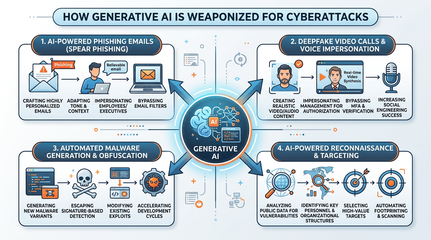 Professional diagram showing how generative AI is weaponized for cyberattacks including phishing, deepfakes, malware generation, and automated reconnaissance