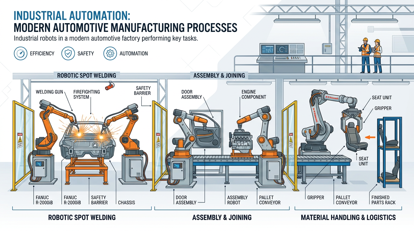Professional illustration of industrial robots in a modern automotive factory performing welding, assembly, and material handling tasks behind safety barriers