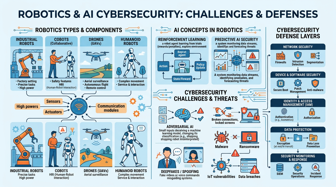 A comprehensive infographic summarizing robotics and AI cybersecurity concepts including industrial robots, cobots, drones, humanoid robots, predictive AI security, generative AI threats, and adversarial AI