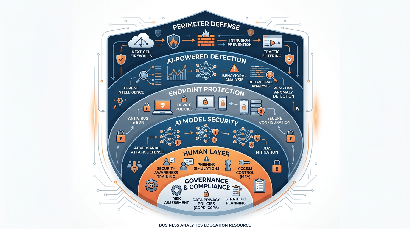 Professional illustration of a layered AI cybersecurity defense strategy showing concentric layers from perimeter defense through AI-powered detection, endpoint protection, AI model security, human layer, and governance