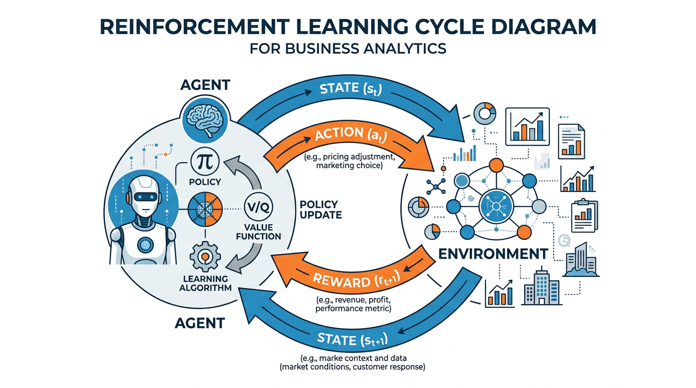 Professional diagram showing the reinforcement learning cycle with an agent observing state, taking action, receiving reward, and updating policy