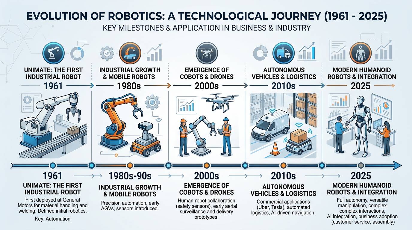 A timeline showing the evolution of robotics from Unimate in 1961 through collaborative robots, drones, autonomous vehicles, and modern humanoid robots