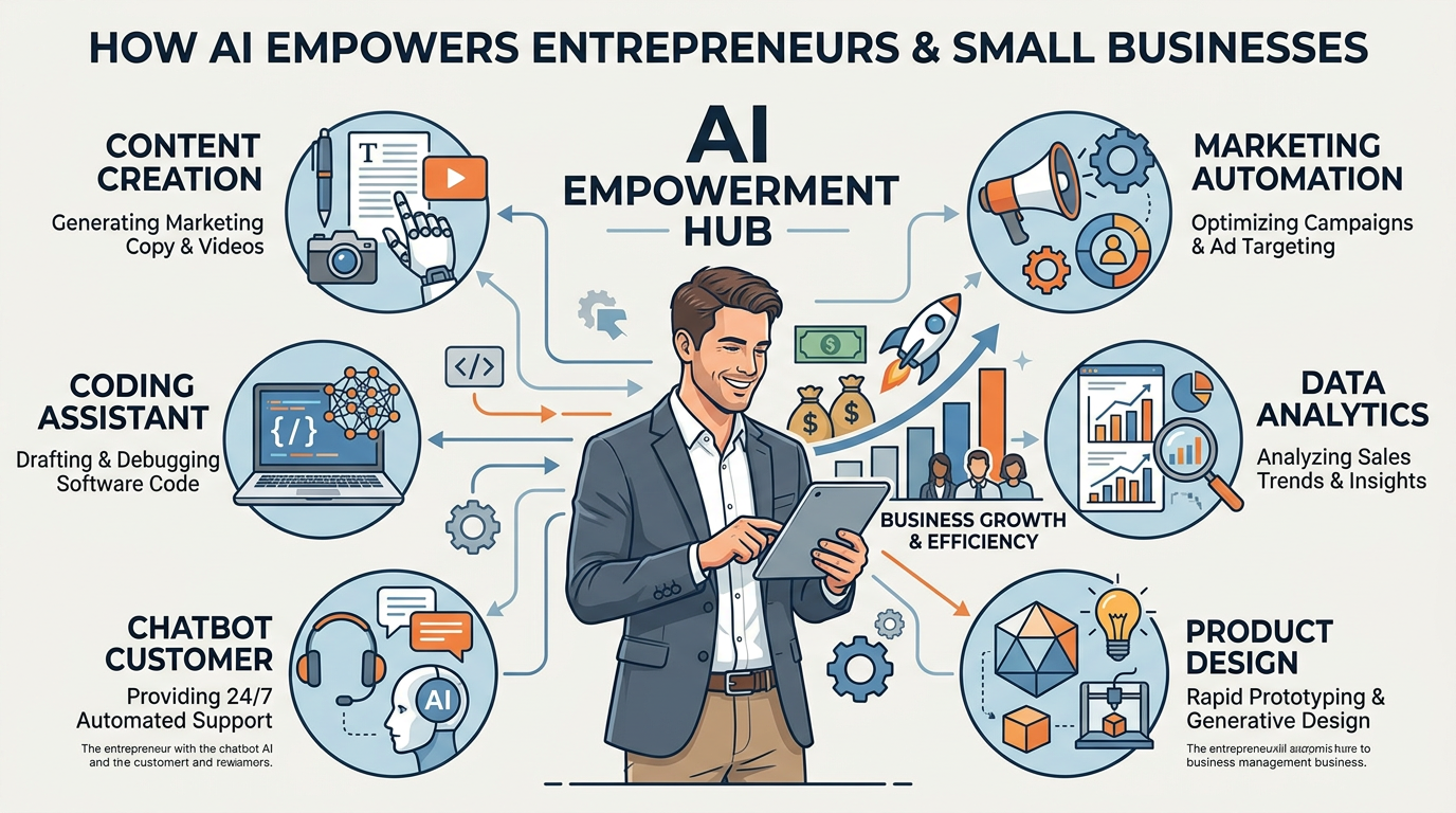 Professional illustration showing how AI empowers entrepreneurs with tools for content creation, coding, customer service, marketing, data analysis, and product development