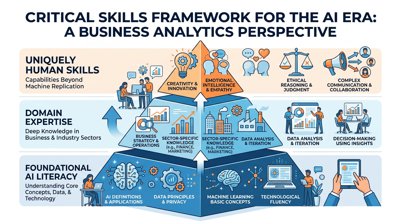 Professional illustration of critical skills for the AI era showing a pyramid with foundational AI literacy at base, domain expertise in middle, and uniquely human skills at top