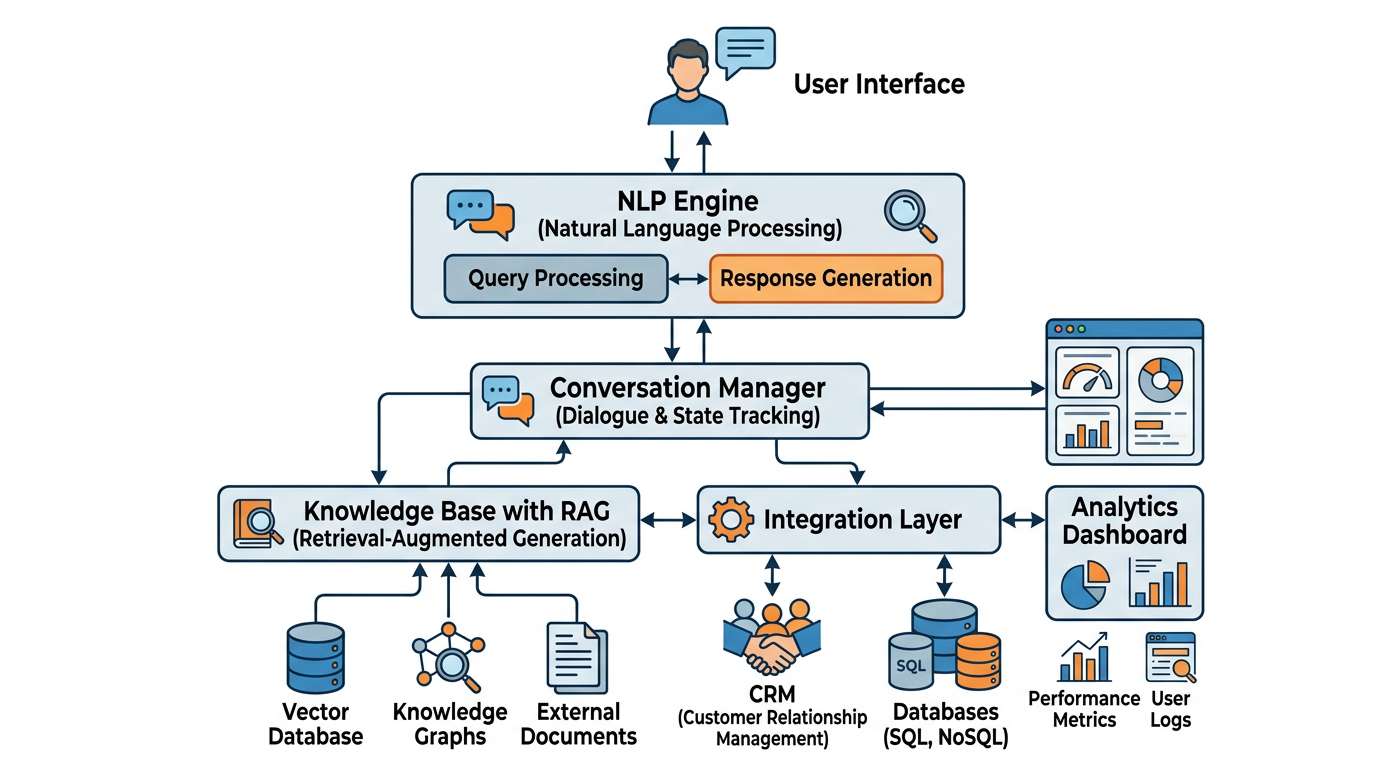 Professional diagram showing the architecture of a modern AI chatbot including user interface, NLP engine, knowledge base, conversation manager, integration layer, and analytics