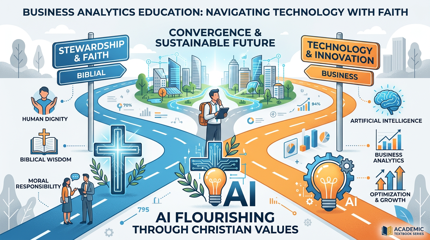 Professional illustration representing Christian values and AI flourishing with technology and faith paths converging, biblical themes of stewardship and human dignity