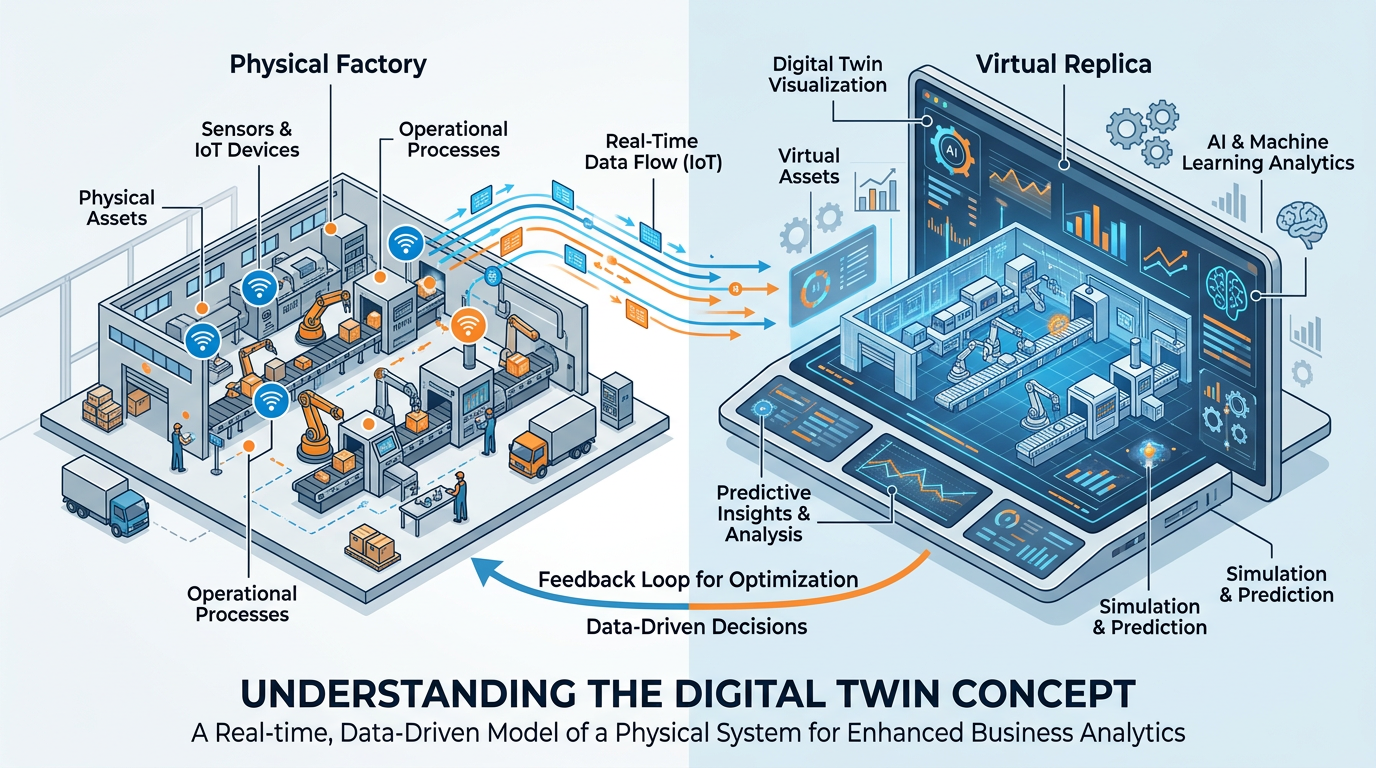 Professional illustration showing the digital twin concept with a physical factory on one side connected by data streams to its virtual replica on a screen, with IoT sensors and AI analytics