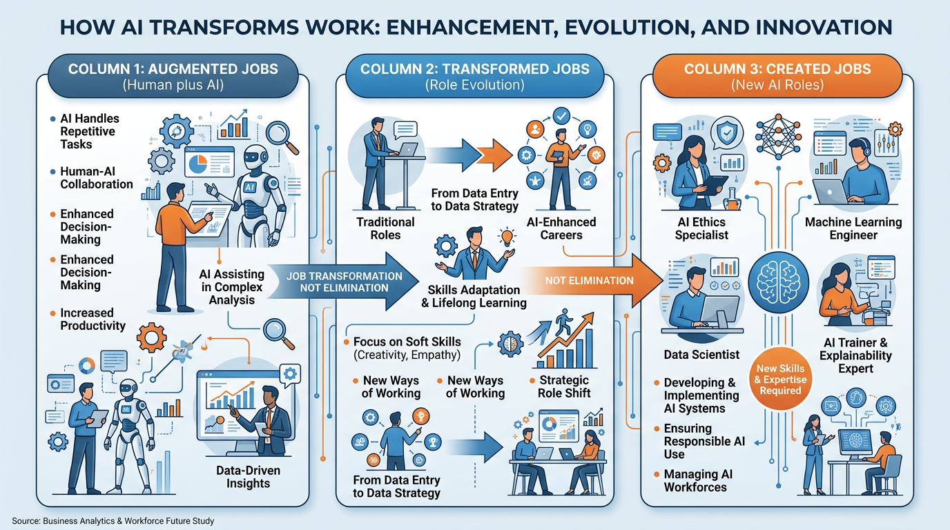 Professional infographic showing how AI transforms work rather than eliminates it, with categories of jobs augmented, transformed, created, and displaced by AI