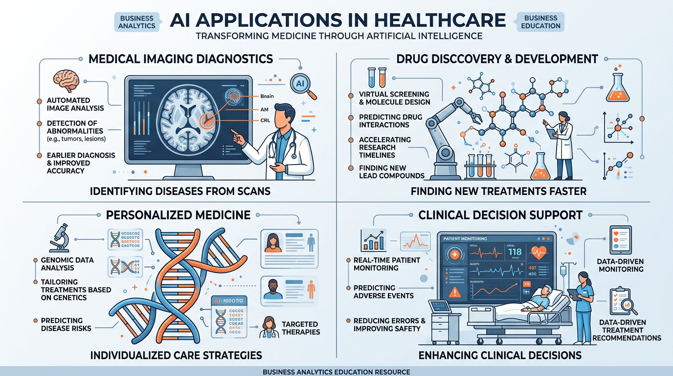 Professional infographic showing AI applications in healthcare including medical imaging diagnostics, drug discovery, personalized medicine, clinical decision support, and administrative automation