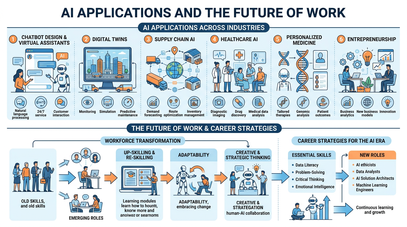 A comprehensive infographic summarizing AI applications and the future of work, including chatbots, digital twins, supply chain AI, healthcare AI, entrepreneurship, and career strategies