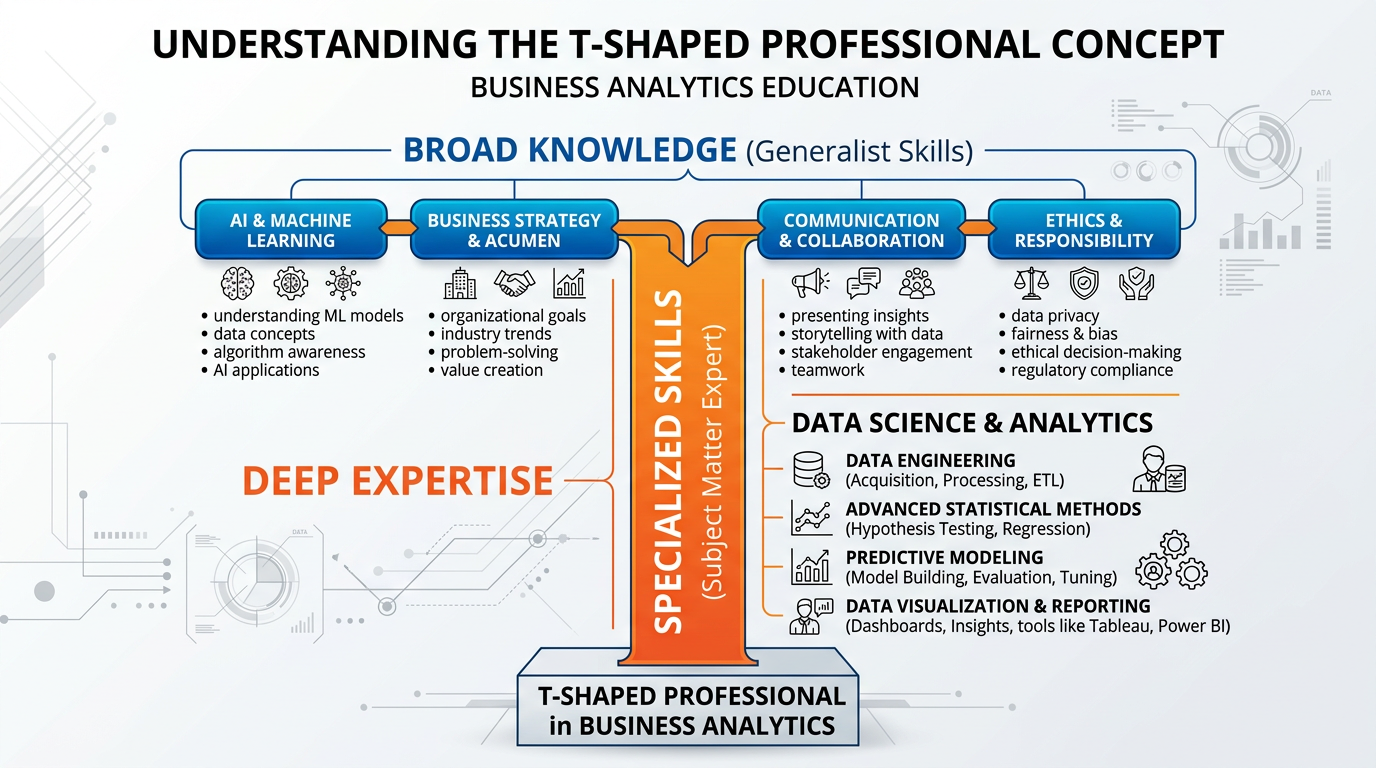 Professional diagram of the T-shaped professional concept showing broad knowledge across AI, business, and communication as the horizontal bar and deep domain expertise as the vertical bar