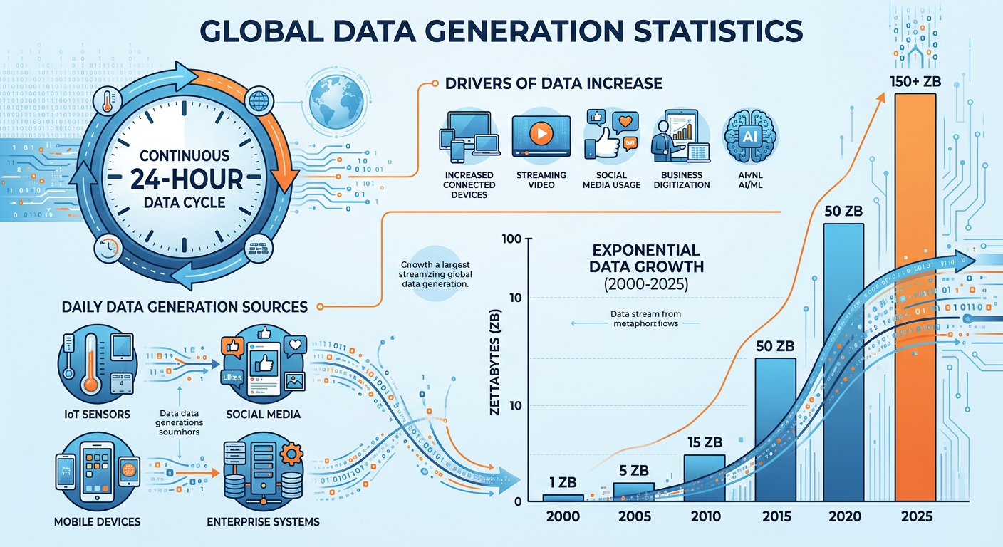 Professional textbook illustration showing the exponential growth of global data from 2010 to 2030 measured in zettabytes with annotated milestones. Clean modern infographic style. Blue and orange color scheme with a rising curve graph and data source icons below.