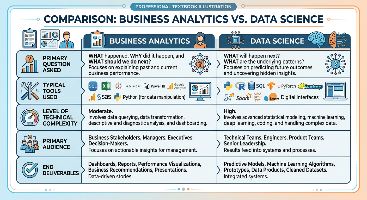 Professional textbook illustration showing the Drew Conway Data Science Venn diagram with three overlapping circles labeled Hacking Skills, Math and Statistics, and Substantive Expertise. The center intersection is labeled Data Science. Clean modern infographic style. Blue and orange color scheme with icons representing code, formulas, and business domain symbols in each circle.