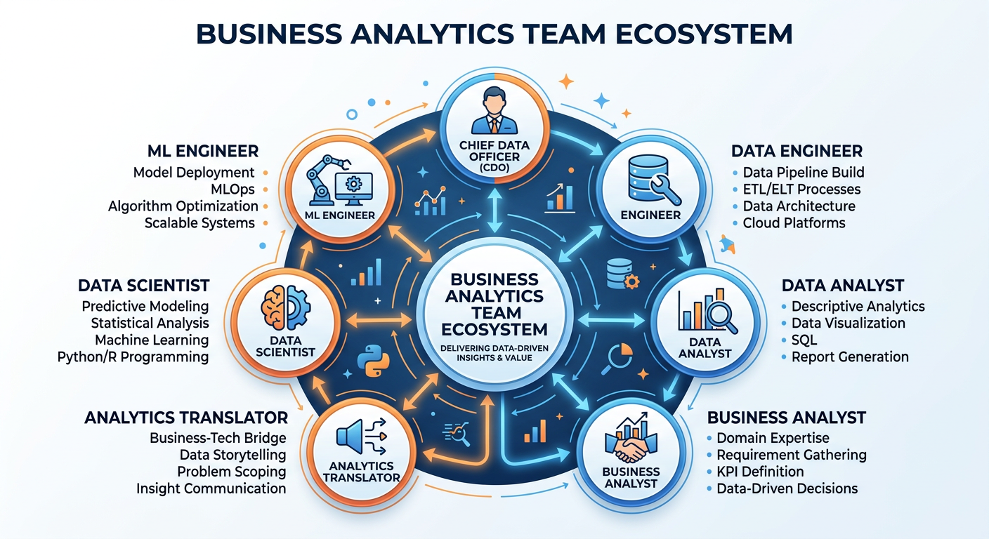 Professional textbook illustration showing an Analytics Maturity Model as a horizontal progression from Stage 1 Descriptive Reporting through Stage 2 Diagnostic Analysis, Stage 3 Predictive Modeling, Stage 4 Prescriptive Optimization, and Stage 5 Autonomous AI-Driven Decisions. Clean modern infographic style. Blue and orange color scheme with percentage of companies at each stage shown below.