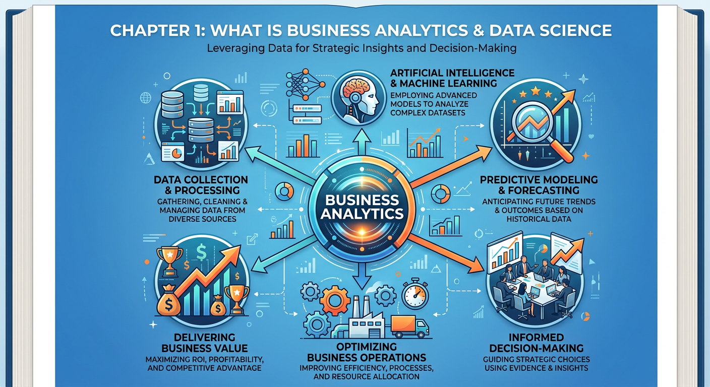 Professional textbook illustration infographic for Chapter 1: What is Business Analytics and Data Science. Clean modern infographic style. Blue and orange color scheme. Shows a central hub connecting data, analytics, AI, and business decision-making with icons and flowing arrows.