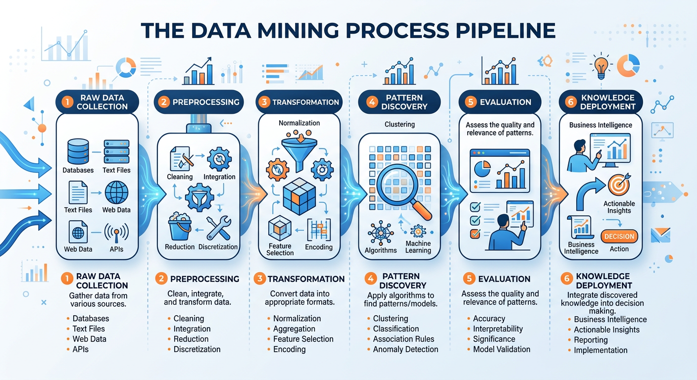 Professional textbook illustration of the data mining knowledge discovery process. Clean modern infographic style. Blue and orange color scheme. Diagram shows a horizontal pipeline with labeled stages: Raw Data, Data Cleaning, Data Integration, Data Selection, Data Transformation, Data Mining, Pattern Evaluation, and Knowledge Presentation, with icons at each stage.