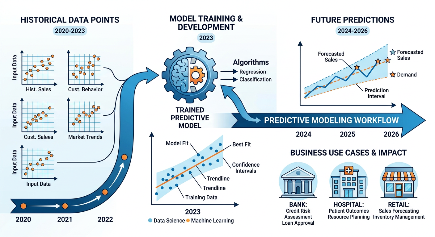 Professional textbook illustration of predictive modeling workflow in a business context. Clean modern infographic style. Blue and orange color scheme. Shows a split diagram with historical data feeding into a model training box, which produces a predictive model, which then scores new incoming data to generate a business prediction output like churn probability or revenue forecast.