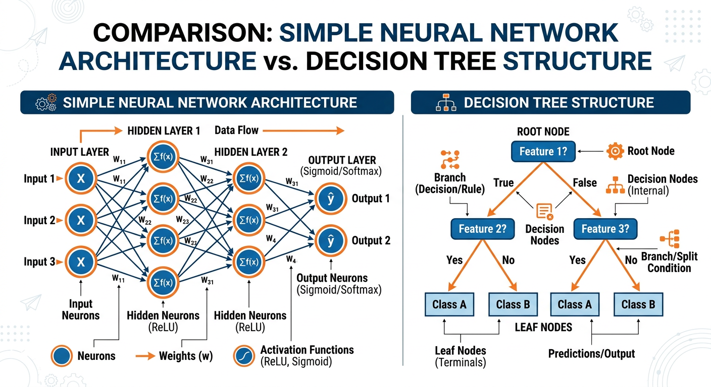 Professional textbook illustration of classification algorithms comparison. Clean modern infographic style. Blue and orange color scheme. Side-by-side visual comparison of decision tree structure, logistic regression sigmoid curve, and random forest ensemble of trees, with icons showing business use cases like fraud detection, churn prediction, and customer segmentation for each.
