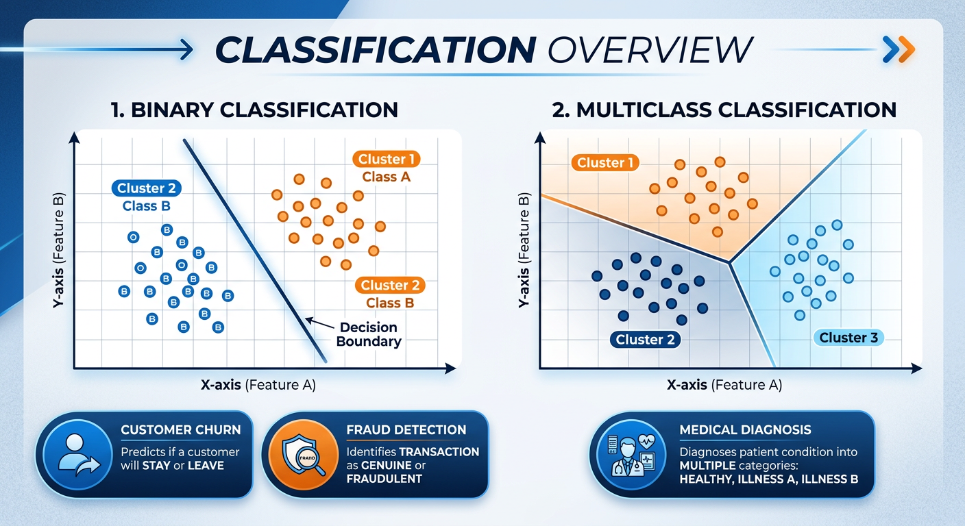 Professional textbook illustration of classification model performance metrics. Clean modern infographic style. Blue and orange color scheme. Visual explanation of the confusion matrix with true positives, true negatives, false positives, false negatives, plus formulas and visual gauges for Accuracy, Precision, Recall, F1-Score, and ROC-AUC curve.