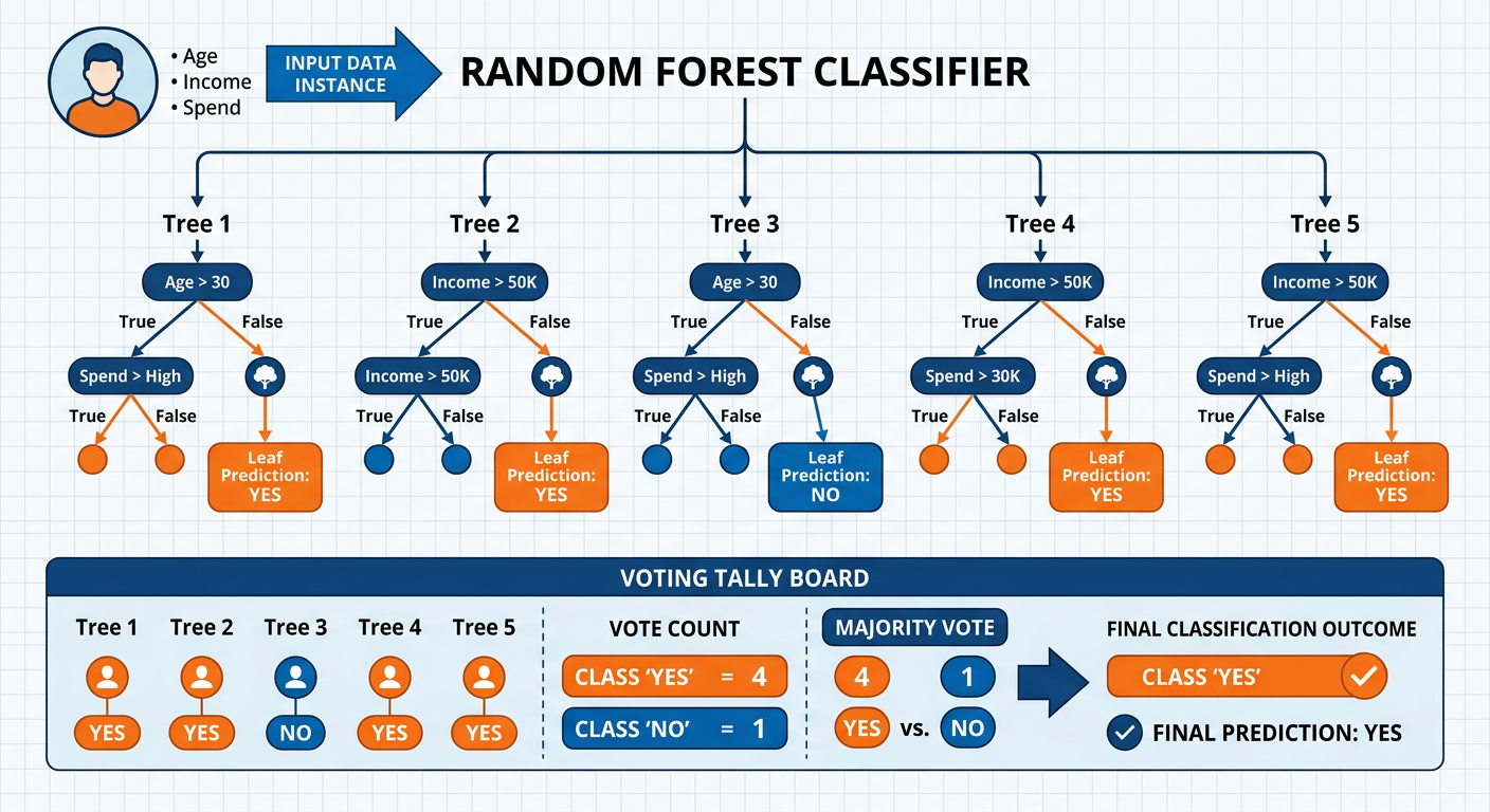 Professional textbook illustration of k-means clustering algorithm visualization. Clean modern infographic style. Blue and orange color scheme. Multi-step diagram showing initial random centroid placement, iterative assignment of data points to nearest centroids, centroid recalculation steps, and final stable cluster formation with three distinct colored clusters and annotated centroids.