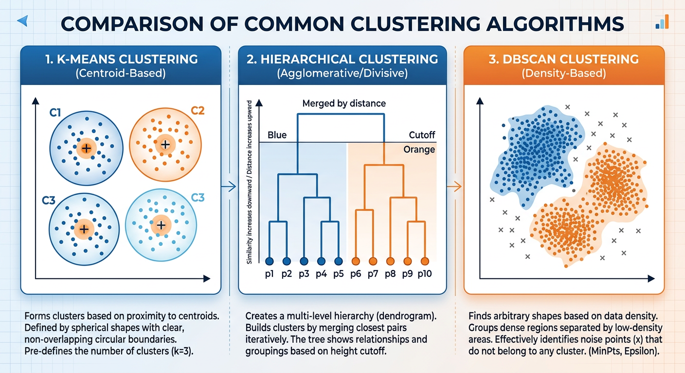 Professional textbook illustration of hierarchical clustering dendrogram. Clean modern infographic style. Blue and orange color scheme. Shows a full dendrogram tree with leaf nodes representing individual data points, horizontal bars showing cluster merging events at different distance levels, and dashed horizontal cut lines at two different heights producing different numbers of clusters, with cluster groups highlighted in blue and orange.