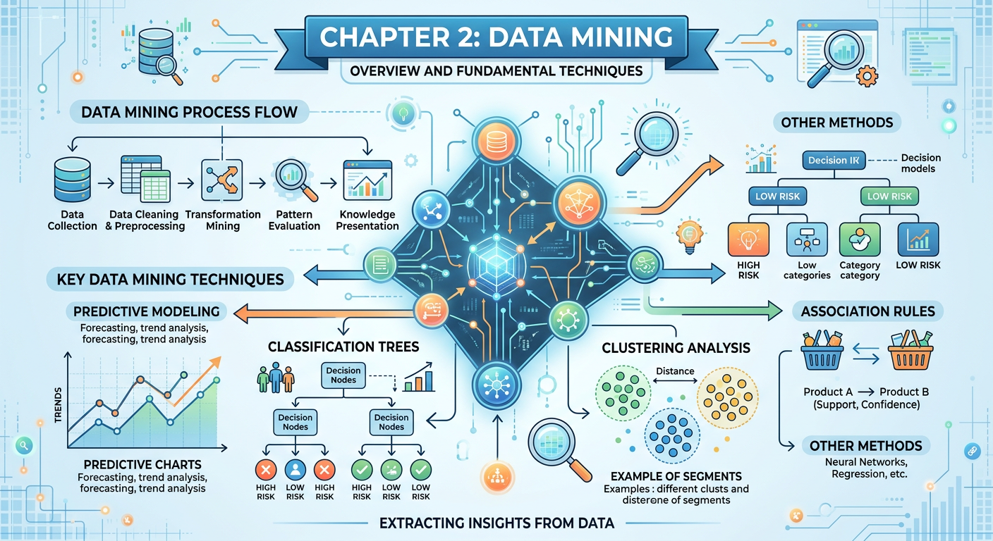 Professional textbook illustration infographic for Chapter 2: Data Mining. Clean modern infographic style. Blue and orange color scheme. Shows a central data pipeline with branching nodes representing predictive modeling, classification, and clustering workflows, with icons for machine learning, databases, and business intelligence.
