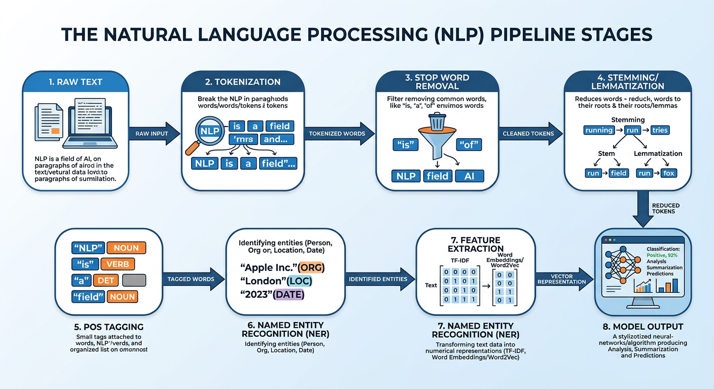 Professional textbook illustration infographic showing the NLP pipeline stages: Raw Text → Tokenization → Stop Word Removal → Stemming/Lemmatization → POS Tagging → Named Entity Recognition → Feature Extraction → Model Output. Clean modern infographic style. Blue and orange color scheme with labeled arrows connecting each stage in a horizontal flow diagram.
