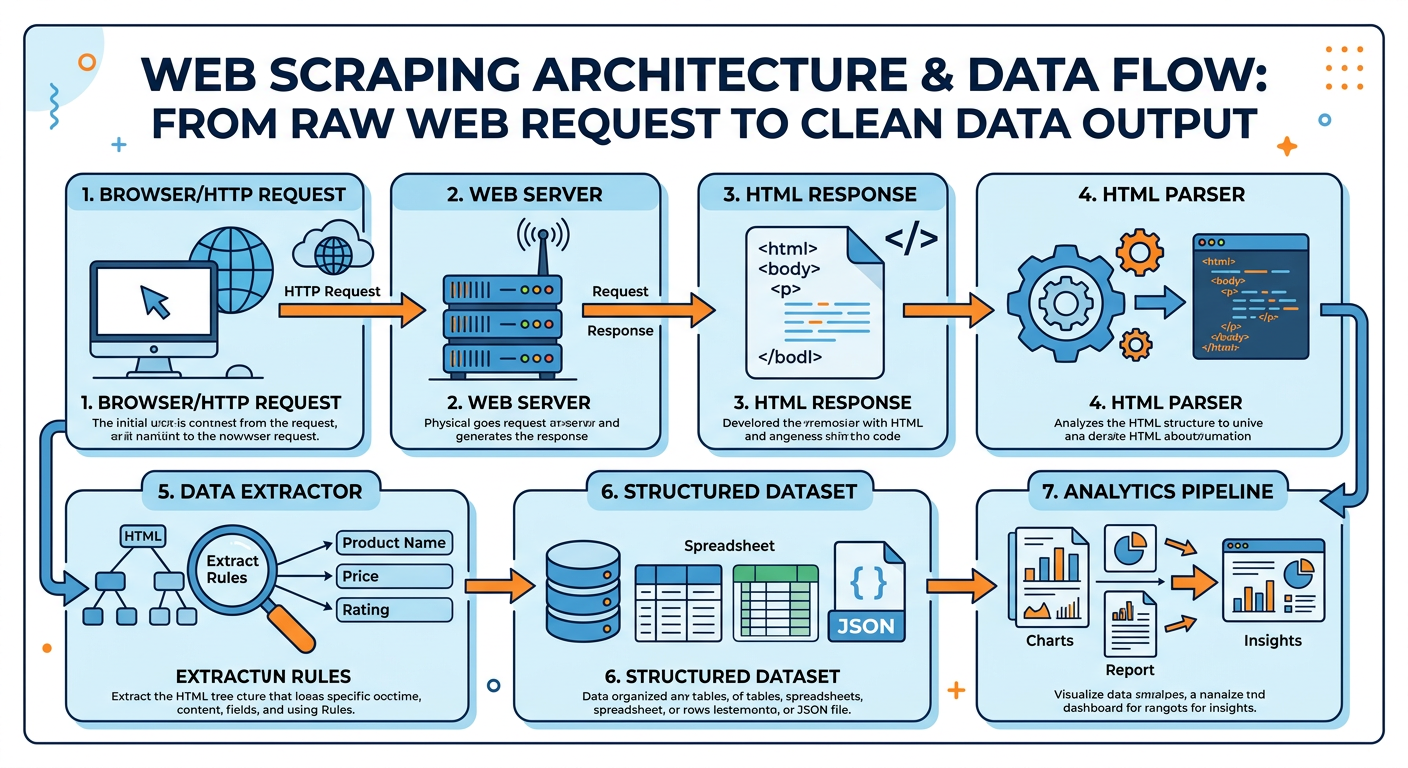Professional textbook illustration infographic showing the web scraping architecture: Browser/HTTP Request → Web Server → HTML Response → HTML Parser → Data Extractor → Structured Dataset → Analytics Pipeline. Clean modern infographic style. Blue and orange color scheme with a layered diagram showing the technical stack from raw web request to clean data output.