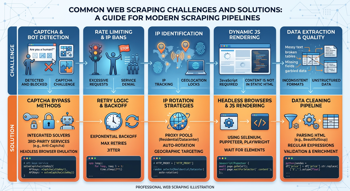 Professional textbook illustration infographic showing common web scraping challenges and solutions: CAPTCHA bypass methods, rate limiting with retry logic, IP rotation strategies, dynamic JS rendering, and data cleaning pipeline. Clean modern infographic style. Blue and orange color scheme with a problem-solution matrix layout and code snippets as visual elements.
