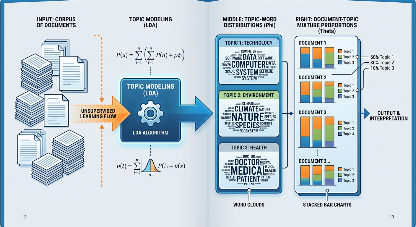 Professional textbook illustration infographic showing topic modeling visualization: a corpus of documents on the left feeding into LDA, producing topic-word distributions in the middle (shown as word clouds), and document-topic mixture proportions on the right (shown as stacked bar charts). Clean modern infographic style. Blue and orange color scheme with arrows showing the unsupervised learning flow.