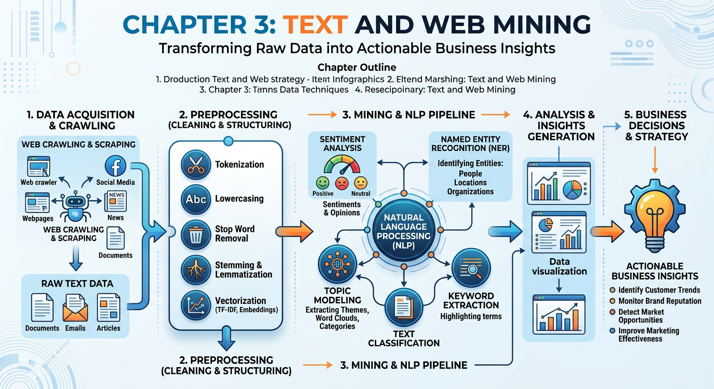 Professional textbook illustration infographic for Chapter 3: Text and Web Mining. Clean modern infographic style. Blue and orange color scheme. Shows interconnected nodes of text processing, web crawling, sentiment gauges, and NLP pipeline flowing from raw text to actionable business insights.