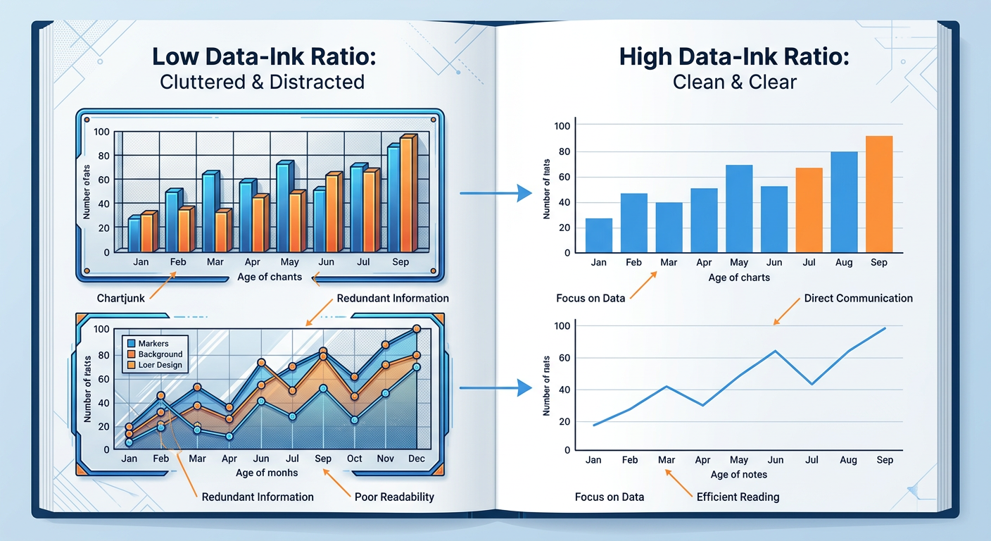 Professional textbook illustration comparing high data-ink ratio charts versus low data-ink ratio charts side by side. Clean modern infographic style. Blue and orange color scheme. Left panel shows cluttered, decorated charts. Right panel shows clean, minimal charts with the same data.