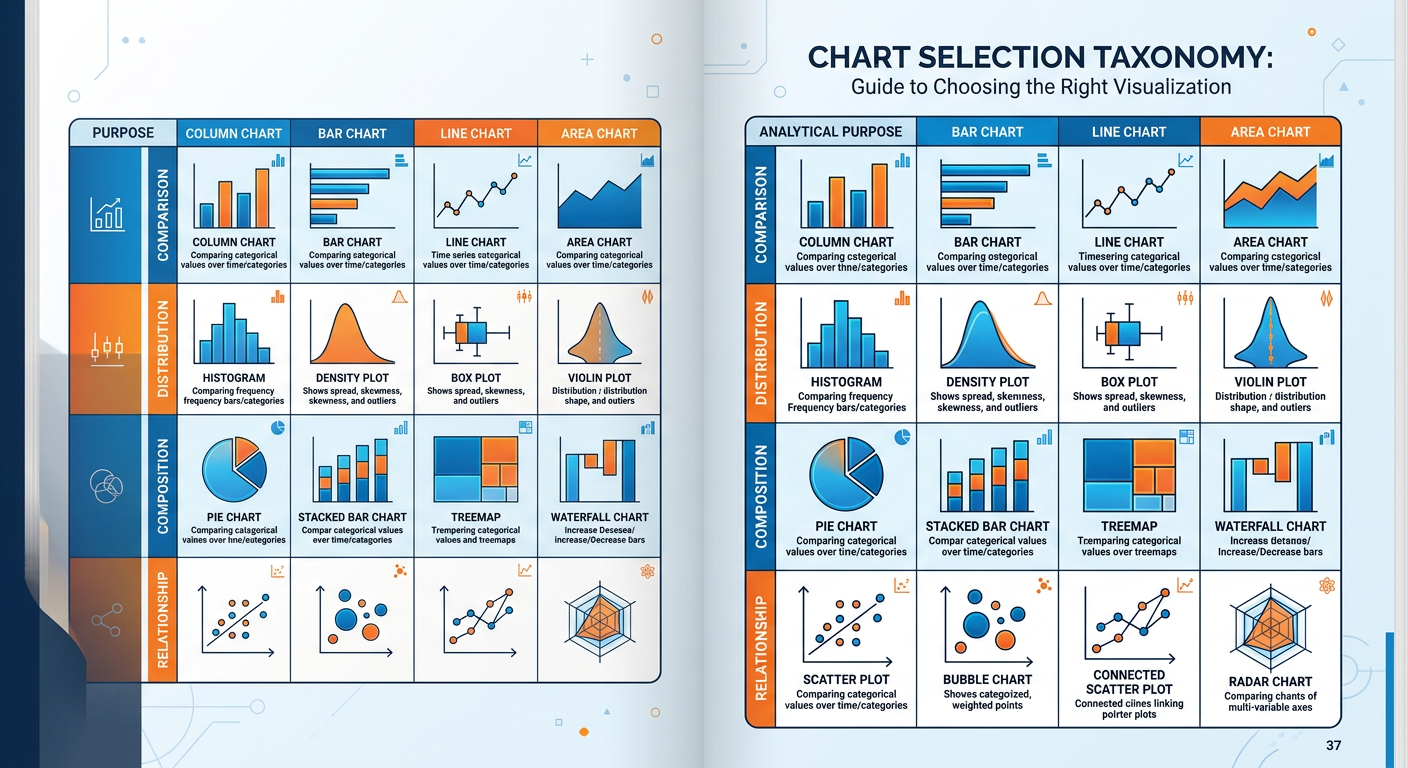 Professional textbook illustration showing a comprehensive chart selection taxonomy grid. Clean modern infographic style. Blue and orange color scheme. Grid organized by analytical purpose: comparison, distribution, composition, relationship. Each cell shows a miniature chart example with a label.