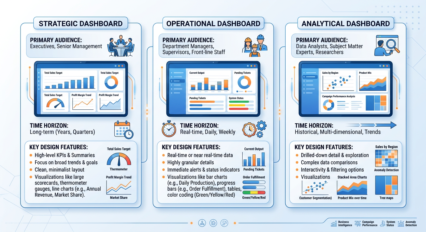 Professional textbook illustration showing three types of dashboards side by side: strategic, operational, and analytical. Clean modern infographic style. Blue and orange color scheme. Each dashboard type is labeled with its primary audience, time horizon, and key design features.