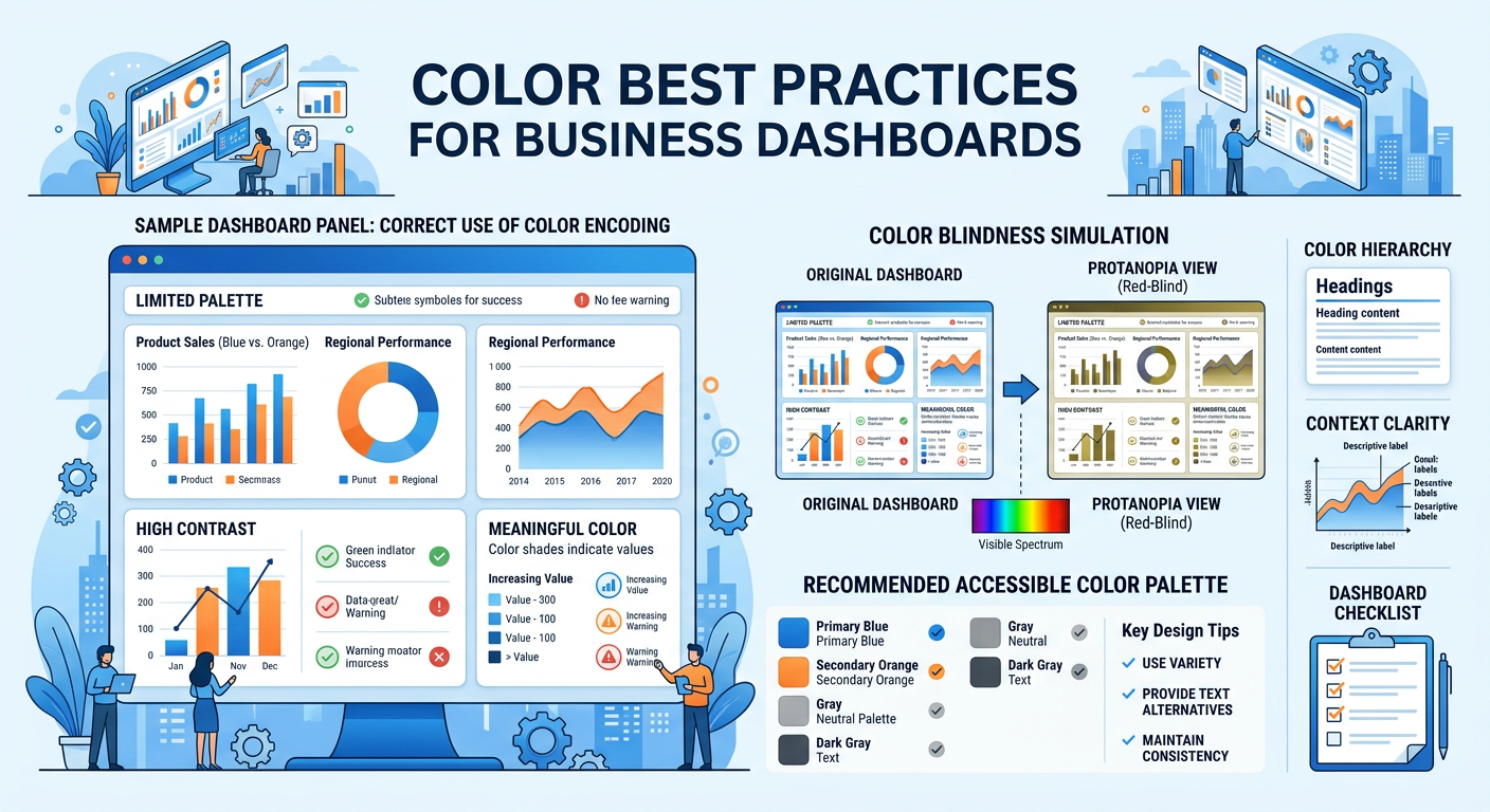 Professional textbook illustration demonstrating color best practices for business dashboards. Clean modern infographic style. Blue and orange color scheme. Shows a sample dashboard panel with correct and incorrect use of color encoding, color blindness simulation, and a recommended accessible color palette.
