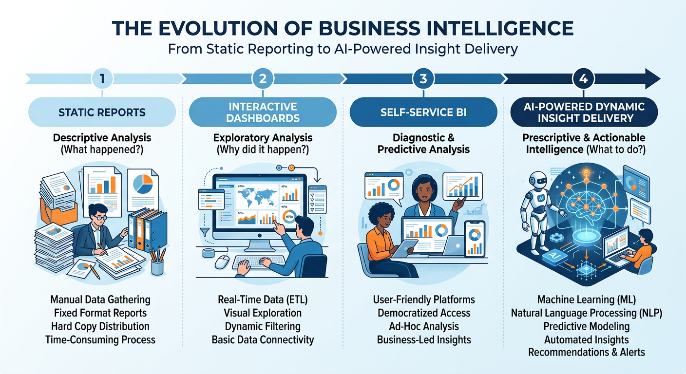 Professional textbook illustration showing the evolution of business intelligence from static reports to AI-powered dynamic insight delivery. Clean modern infographic style. Blue and orange color scheme. Timeline shows four stages: static reports, interactive dashboards, self-service BI, and AI-driven insight delivery.