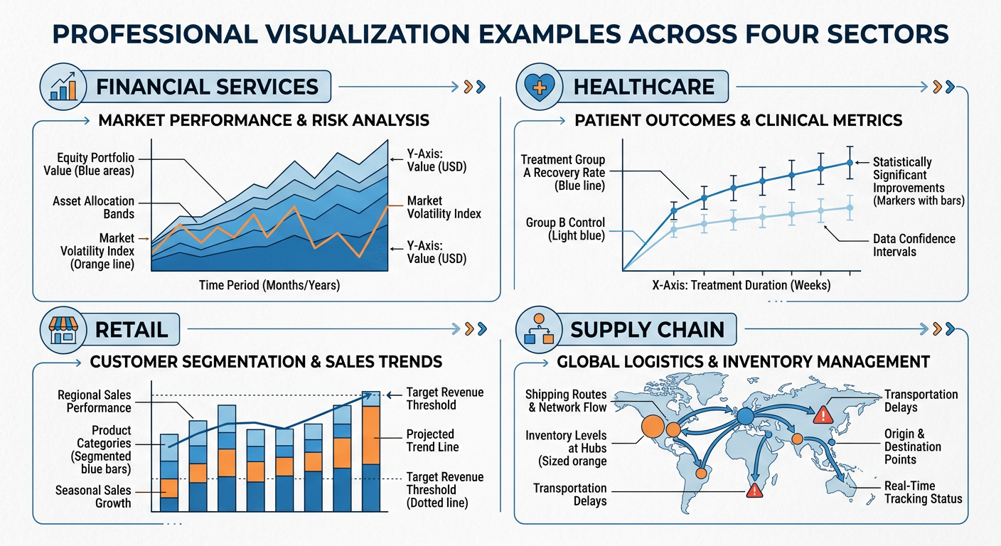 Professional textbook illustration showing industry-specific visualization examples across four sectors: financial services, healthcare, retail, and supply chain. Clean modern infographic style. Blue and orange color scheme. Each sector shows a representative chart type with labeled annotations.