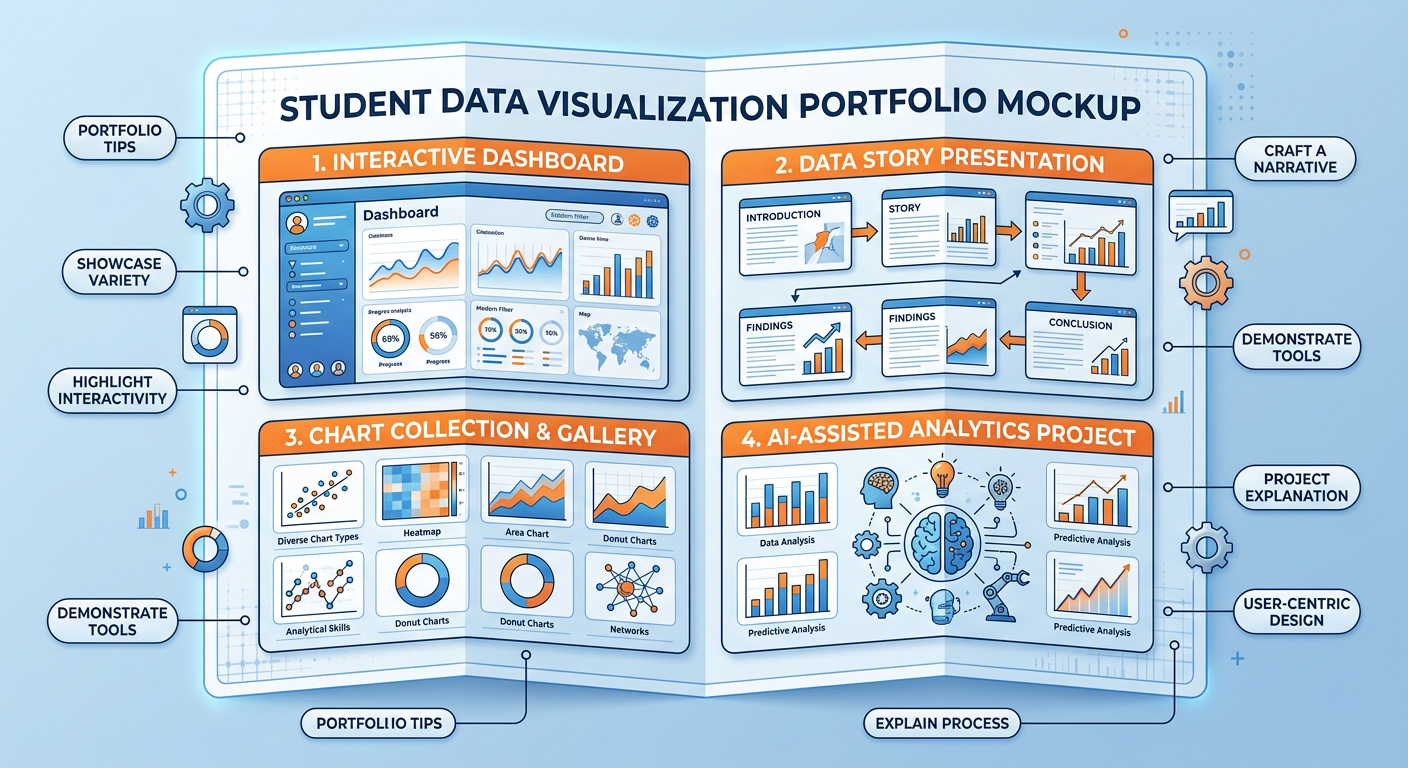 Professional textbook illustration showing a student's data visualization portfolio mockup with multiple project panels. Clean modern infographic style. Blue and orange color scheme. Panels show a dashboard, a data story presentation, a chart collection, and an AI-assisted analytics project, with portfolio tips annotated.