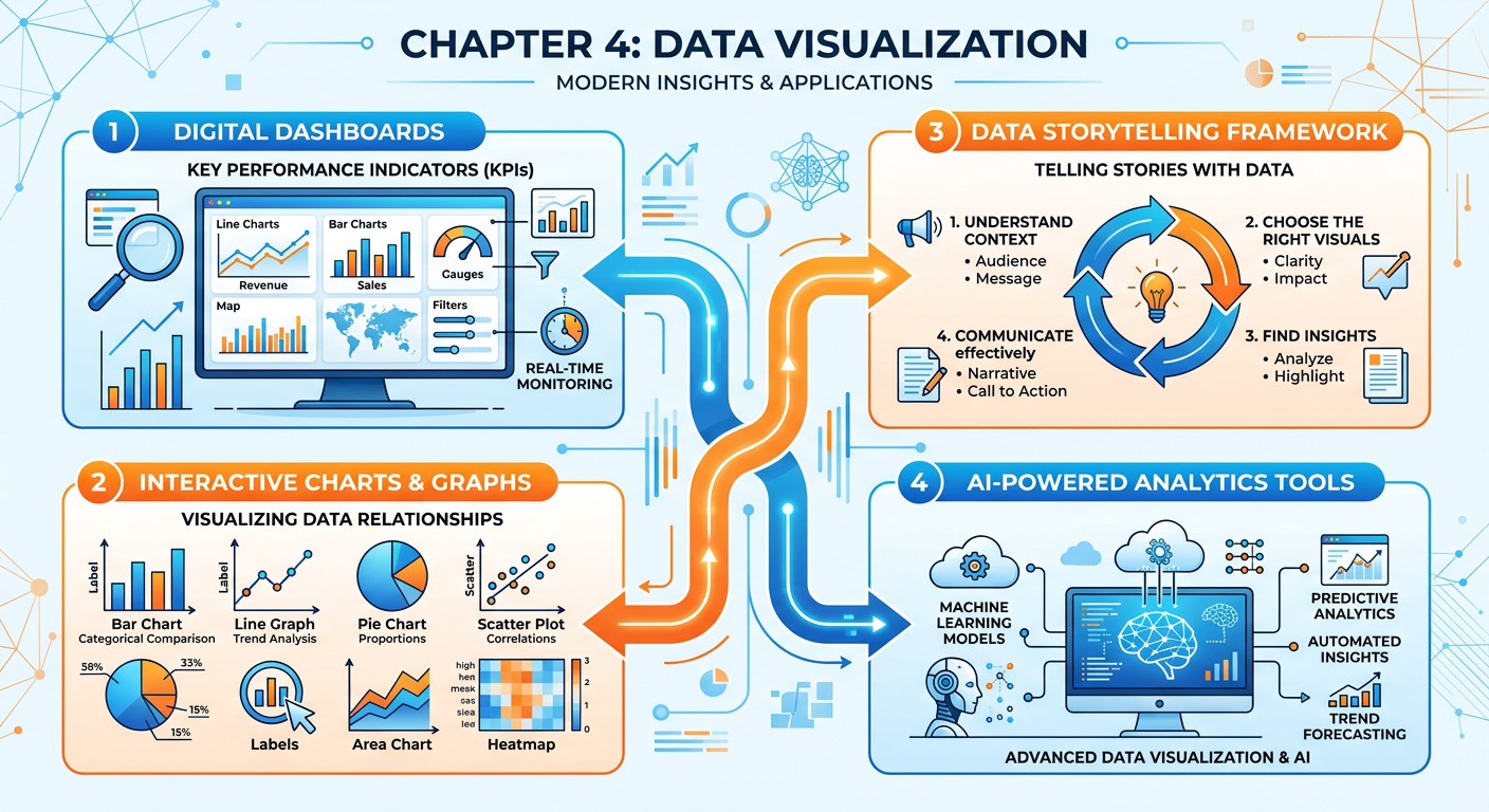 Professional textbook illustration infographic for Chapter 4: Data Visualization. Clean modern infographic style. Blue and orange color scheme. Shows dashboards, charts, storytelling frameworks, and AI-powered analytics tools connected by data flow arrows.