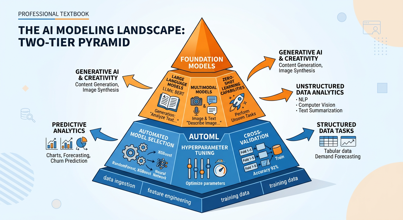 Professional textbook illustration showing the AI modeling landscape as a two-tier pyramid. Clean modern infographic style. Blue and orange color scheme. Bottom tier in blue labeled AutoML shows automated model selection, hyperparameter tuning, and cross-validation. Top tier in orange labeled Foundation Models shows large language models, multimodal models, and zero-shot learning capabilities, with arrows showing how each tier serves different analytics use cases.