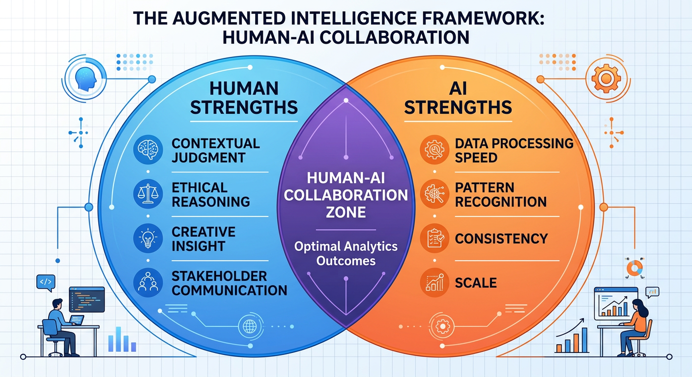 Professional textbook illustration showing the augmented intelligence Venn diagram with human strengths on the left and AI strengths on the right in a clean overlapping circle format. Clean modern infographic style. Blue and orange color scheme. Left circle in blue lists contextual judgment, ethical reasoning, creative insight, stakeholder communication. Right circle in orange lists data processing speed, pattern recognition, consistency, scale. Overlapping area in purple shows the human-AI collaboration zone labeled optimal analytics outcomes.